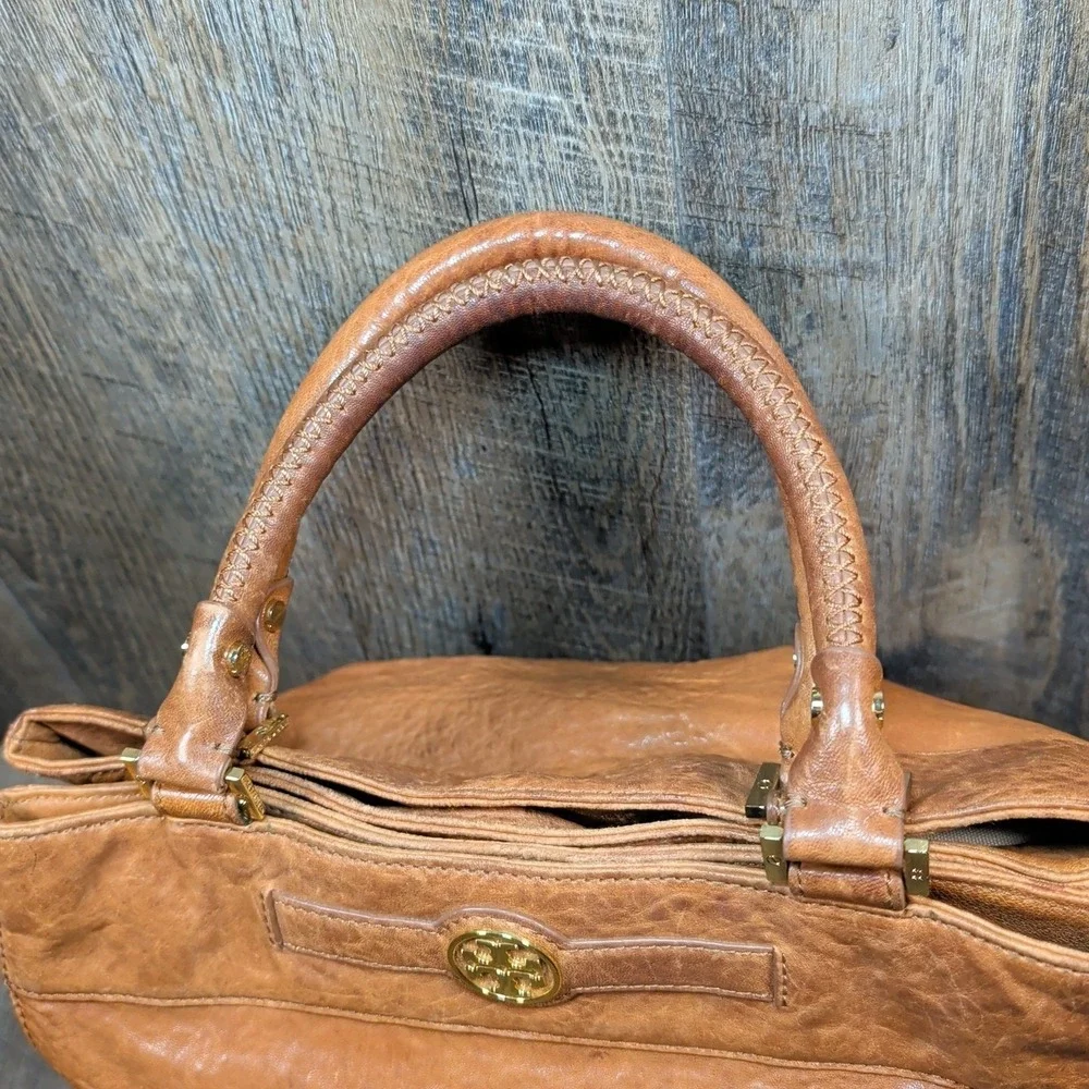 Tory Burch Audra Satchel Bag Brown Leather Double Handle Handbag Purse Tote